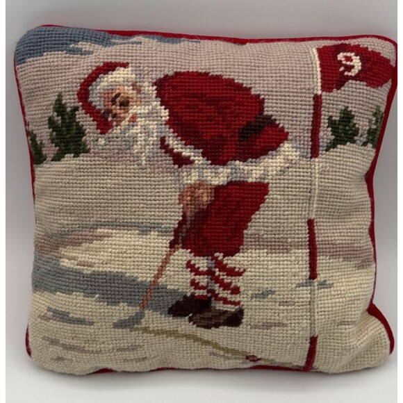 Vtg Needlepoint Pillow Santa Golfing 9" Sq Red Velvet Backing Christmas Decor - Picture 11 of 14